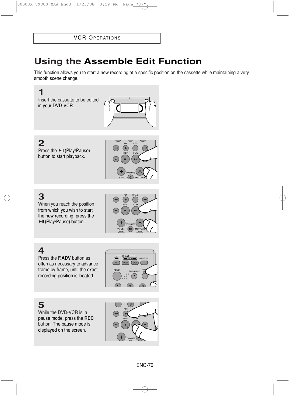 Using the assemble edit function | Samsung DVD-V9800-XAA User Manual | Page 70 / 88