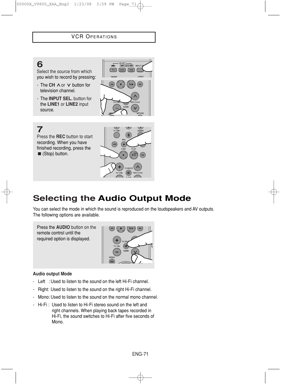 Selecting the audio output mode | Samsung DVD-V9800-XAA User Manual | Page 71 / 88