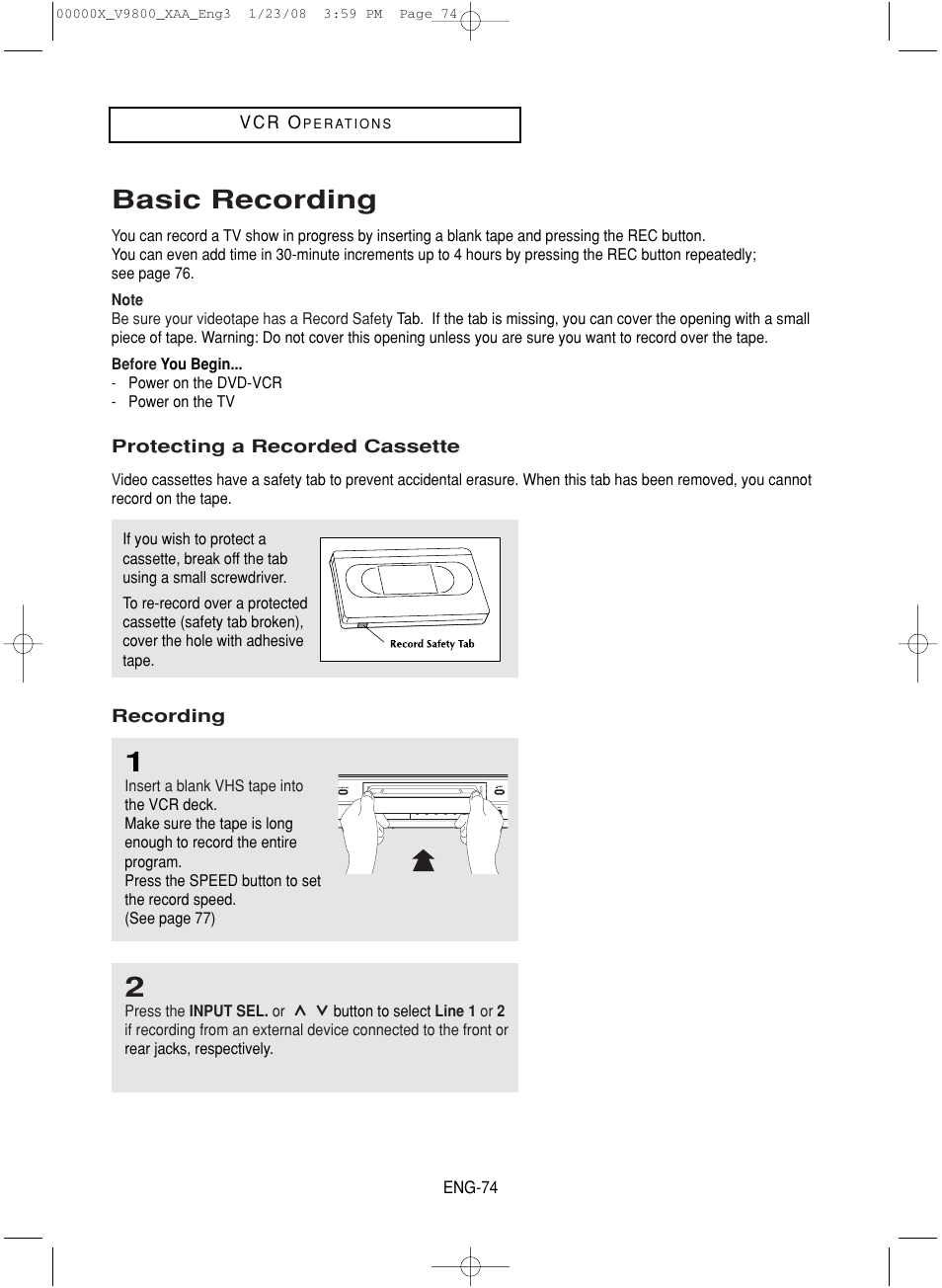 Basic recording | Samsung DVD-V9800-XAA User Manual | Page 74 / 88