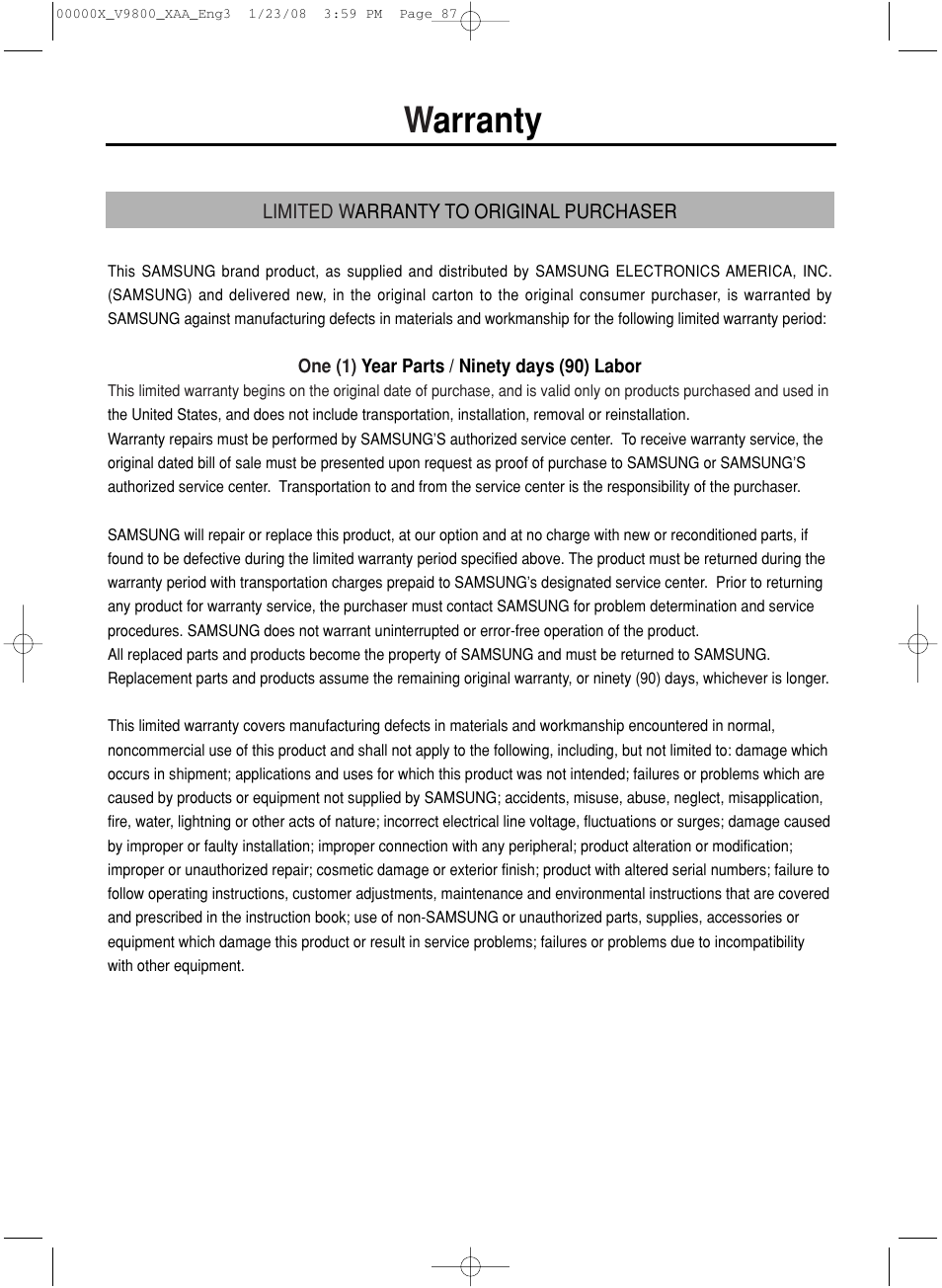 Warranty | Samsung DVD-V9800-XAA User Manual | Page 87 / 88