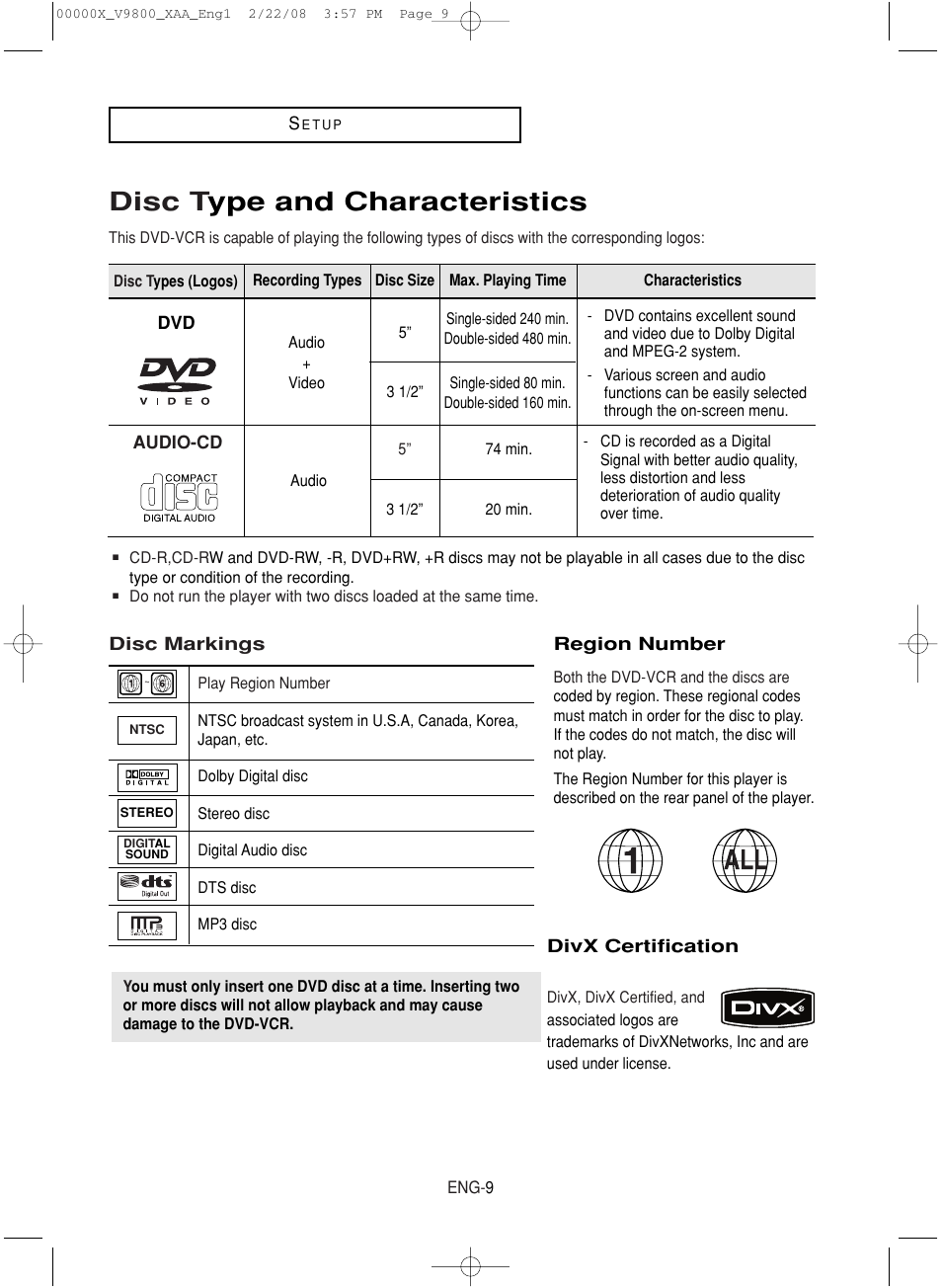 Disc type and characteristics, Disc t ype and characteristics | Samsung DVD-V9800-XAA User Manual | Page 9 / 88
