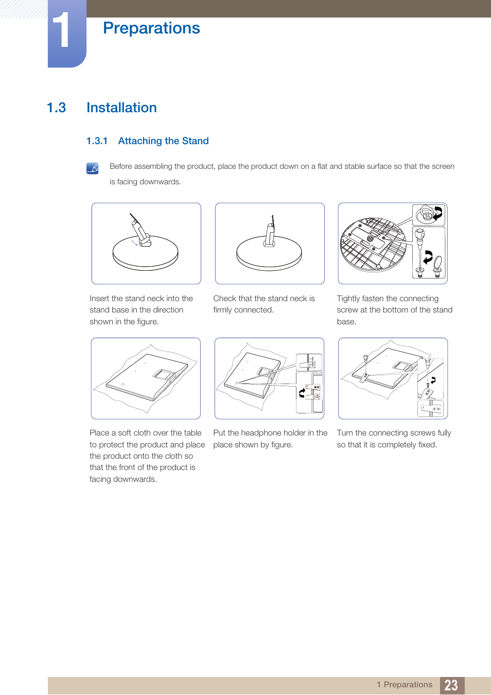 3 installation, 1 attaching the stand, Installation | Attaching the stand, Preparations | Samsung LS24C230BL-ZA User Manual | Page 23 / 77