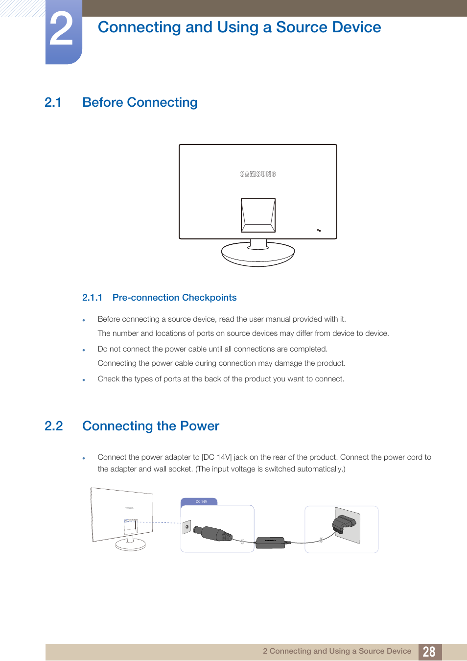 Connecting and using a source device, 1 before connecting, 1 pre-connection checkpoints | 2 connecting the power, Connecting and using, A source device, Before connecting, Pre-connection checkpoints, Connecting the power | Samsung LS24C230BL-ZA User Manual | Page 28 / 77