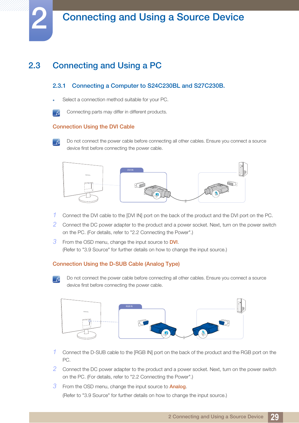 3 connecting and using a pc, 1 connecting a computer to s24c230bl and s27c230b, Connecting and using a pc | Connecting a computer to s24c230bl and s27c230b, Connecting and using a source device | Samsung LS24C230BL-ZA User Manual | Page 29 / 77