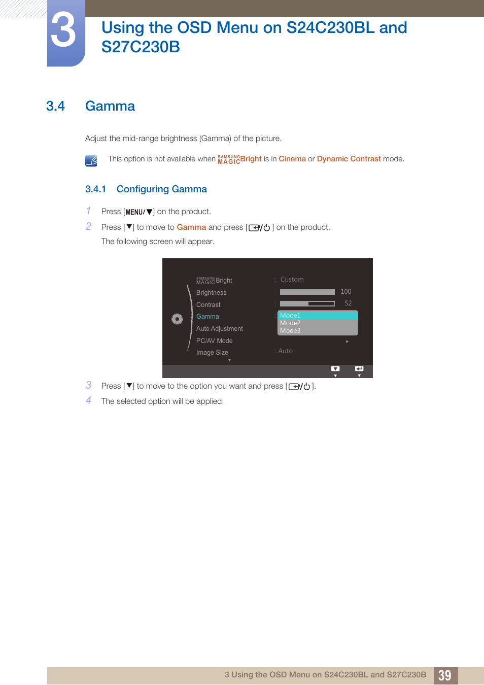 4 gamma, 1 configuring gamma, Gamma | Configuring gamma | Samsung LS24C230BL-ZA User Manual | Page 39 / 77