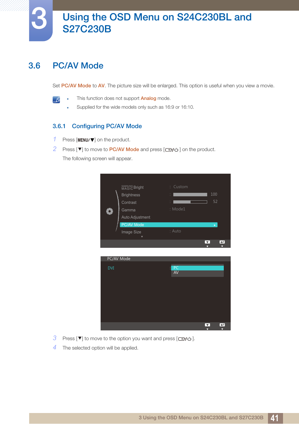 6 pc/av mode, 1 configuring pc/av mode, Pc/av mode | Configuring pc/av mode | Samsung LS24C230BL-ZA User Manual | Page 41 / 77