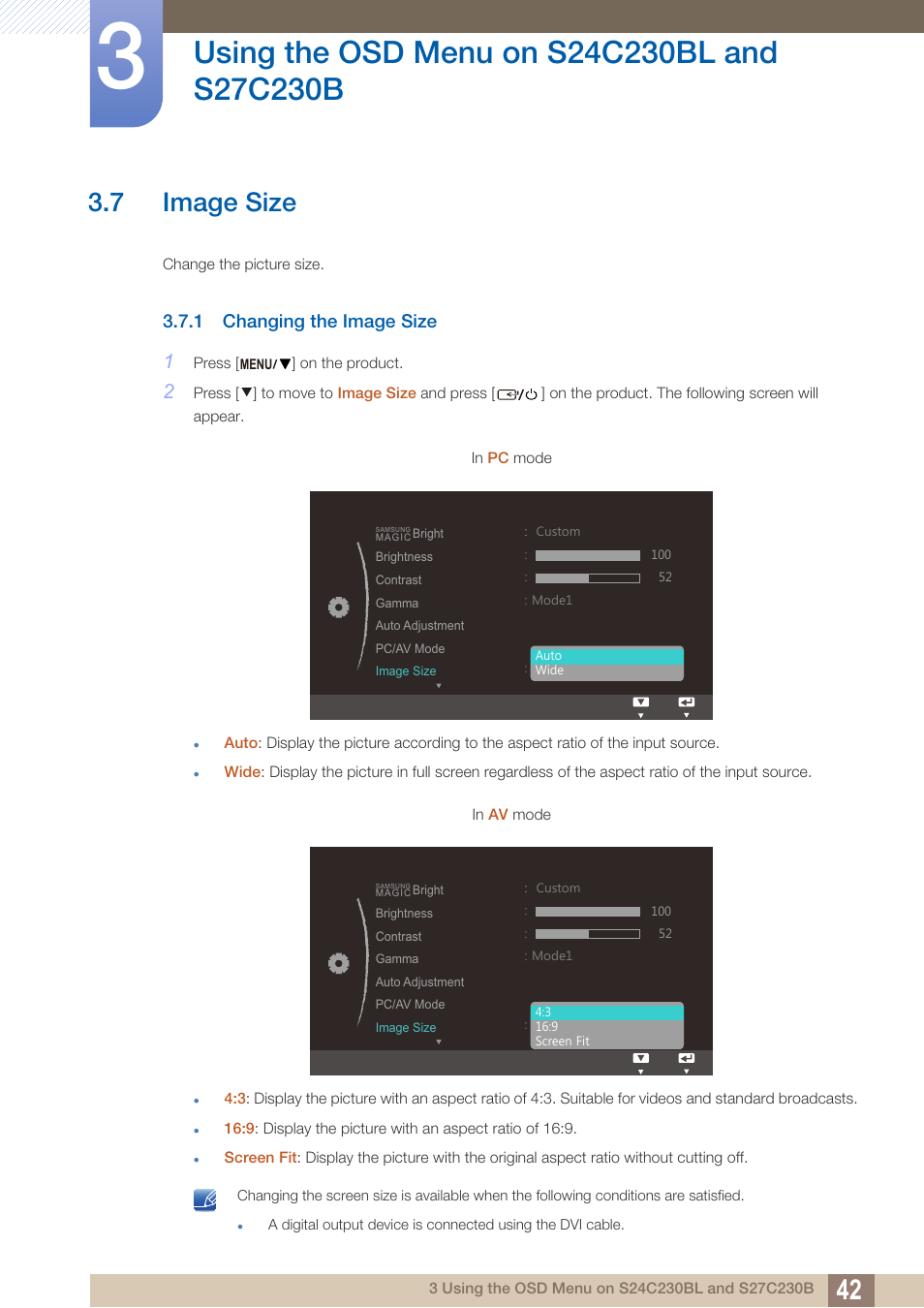 7 image size, 1 changing the image size, Image size | Changing the image size | Samsung LS24C230BL-ZA User Manual | Page 42 / 77