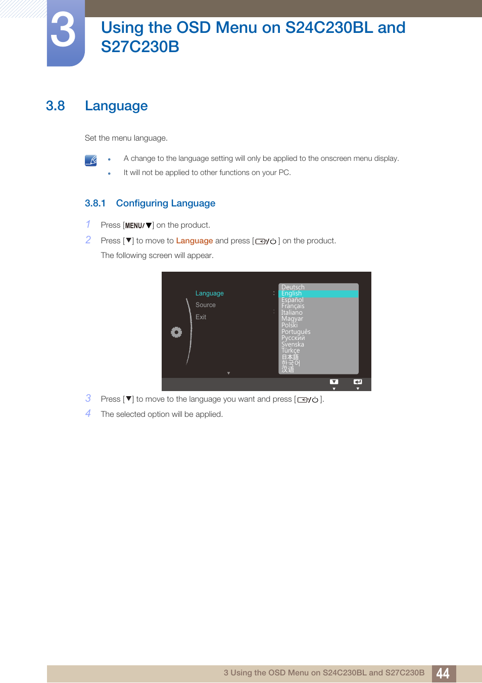 8 language, 1 configuring language, Language | Configuring language | Samsung LS24C230BL-ZA User Manual | Page 44 / 77