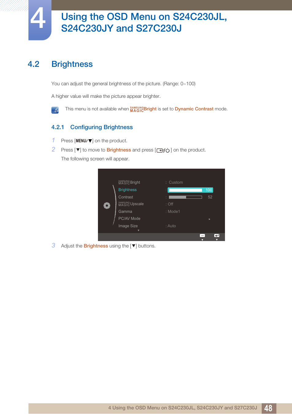 2 brightness, 1 configuring brightness, Brightness | Configuring brightness | Samsung LS24C230BL-ZA User Manual | Page 48 / 77
