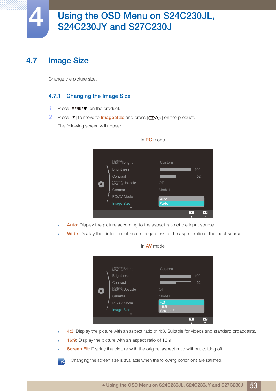 7 image size, 1 changing the image size, Image size | Changing the image size | Samsung LS24C230BL-ZA User Manual | Page 53 / 77