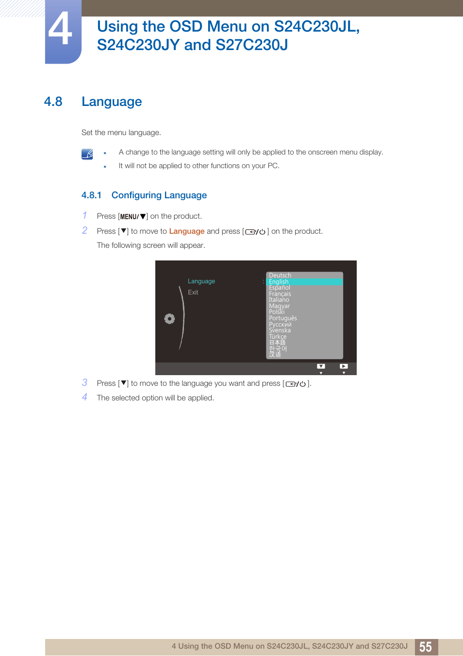 8 language, 1 configuring language, Language | Configuring language | Samsung LS24C230BL-ZA User Manual | Page 55 / 77