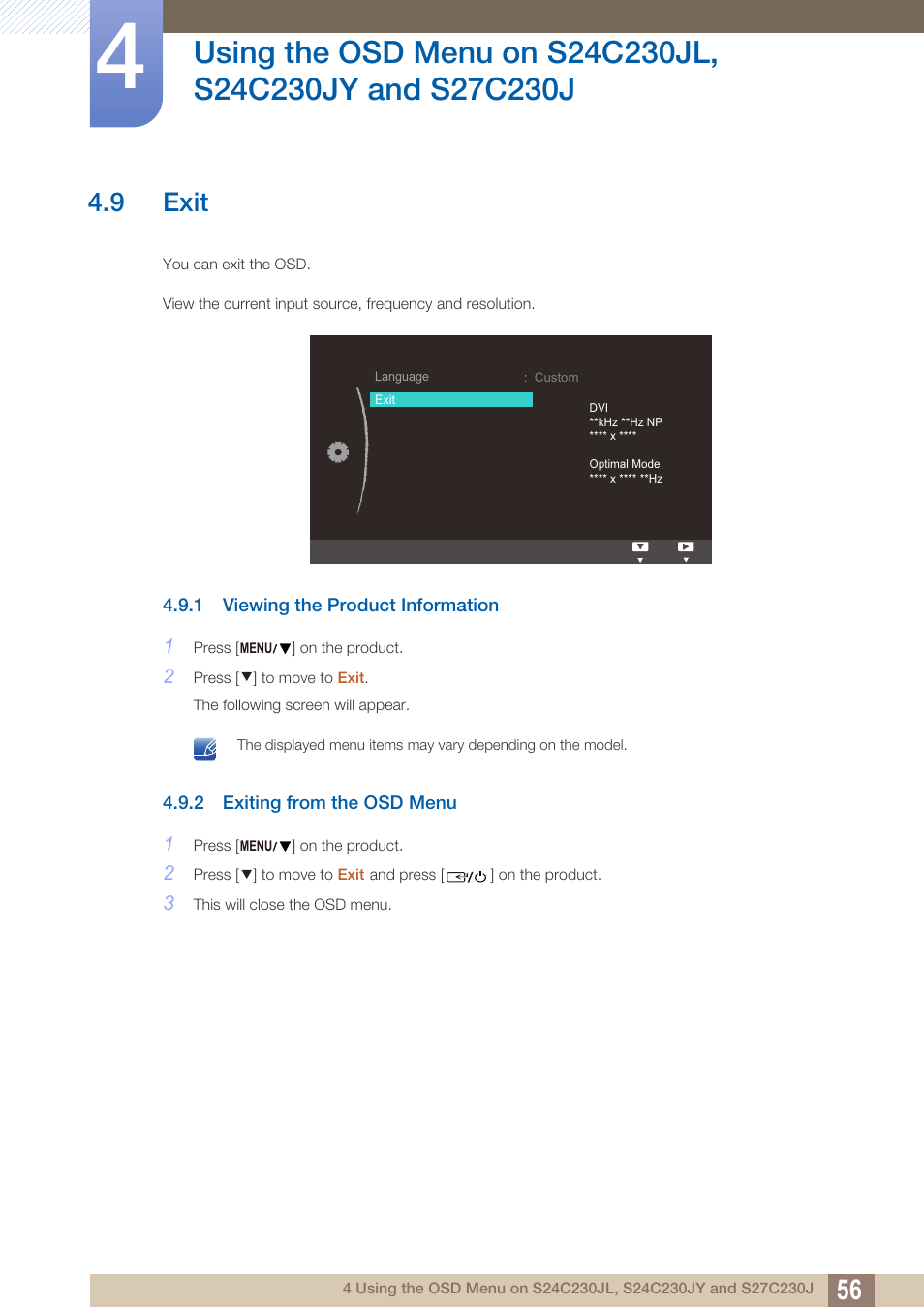 9 exit, 1 viewing the product information, 2 exiting from the osd menu | Exit, Viewing the product information, Exiting from the osd menu | Samsung LS24C230BL-ZA User Manual | Page 56 / 77