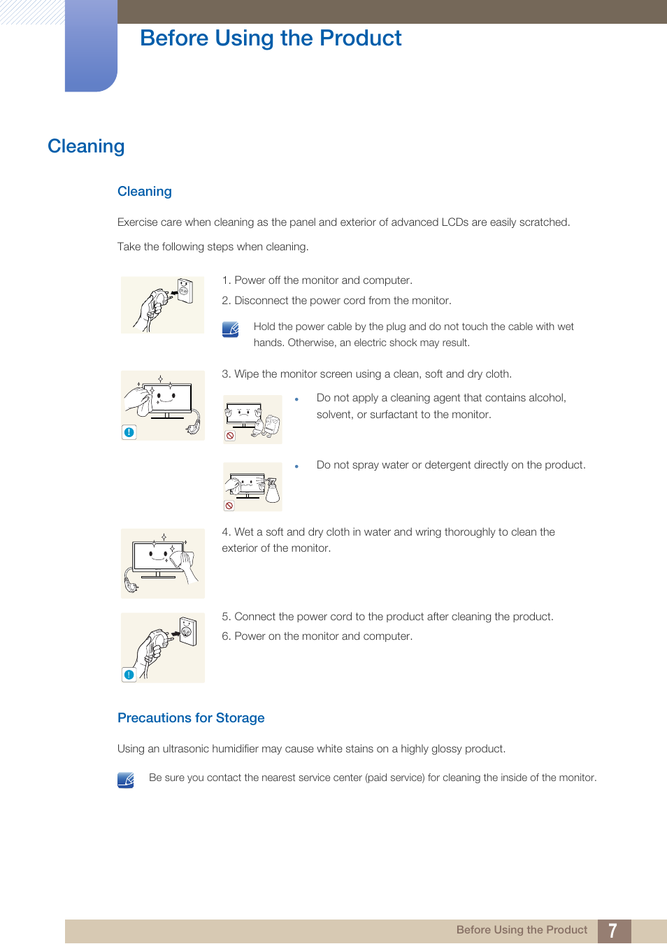 Cleaning, Precautions for storage, Before using the product | Samsung LS24C230BL-ZA User Manual | Page 7 / 77