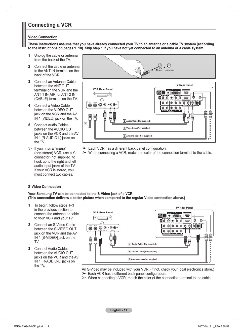 Connecting a vcr | Samsung FPT5084X-XAA User Manual | Page 11 / 83