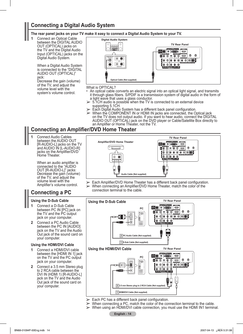 Connecting a digital audio system, Connecting an amplifier/dvd home theater, Connecting a pc | Samsung FPT5084X-XAA User Manual | Page 14 / 83