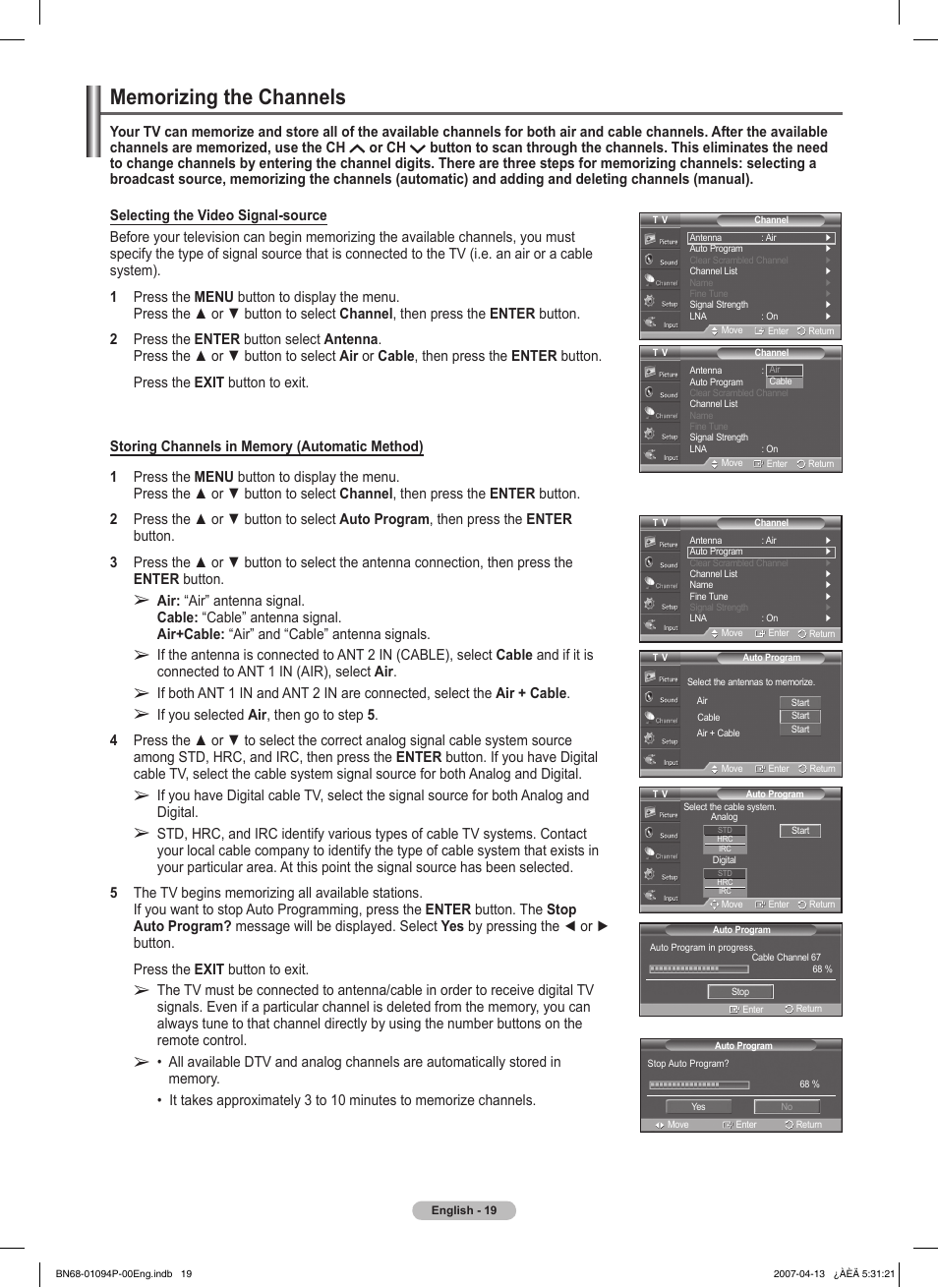 Memorizing the channels | Samsung FPT5084X-XAA User Manual | Page 19 / 83