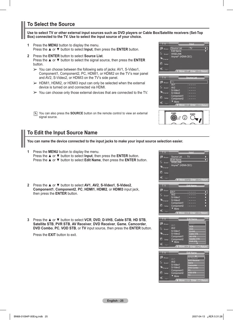 To select the source, To edit the input source name | Samsung FPT5084X-XAA User Manual | Page 25 / 83