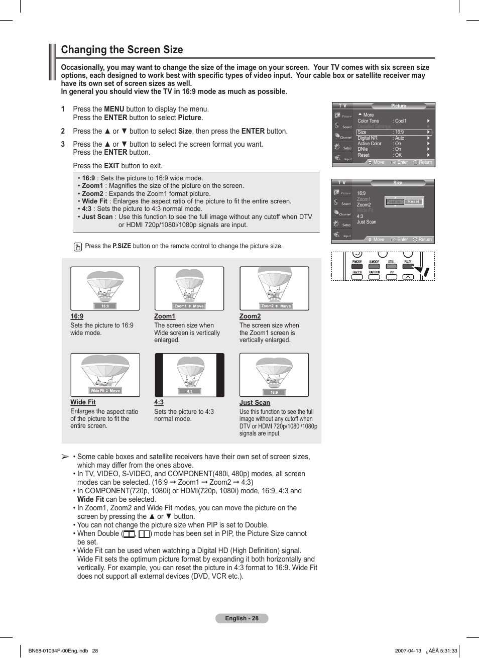 Changing the screen size | Samsung FPT5084X-XAA User Manual | Page 28 / 83