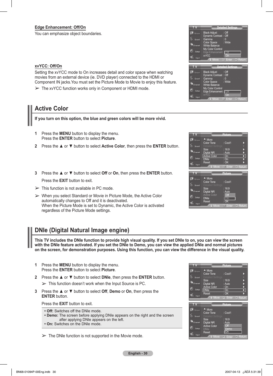 Active color, Dnie (digital natural image engine), This function is not available in pc mode | Samsung FPT5084X-XAA User Manual | Page 30 / 83