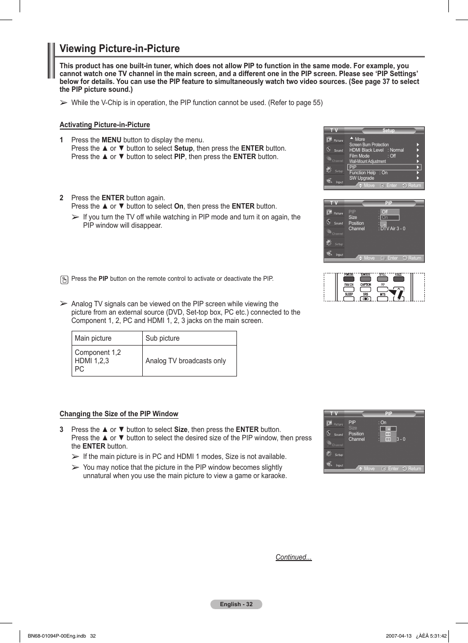Viewing picture-in-picture | Samsung FPT5084X-XAA User Manual | Page 32 / 83