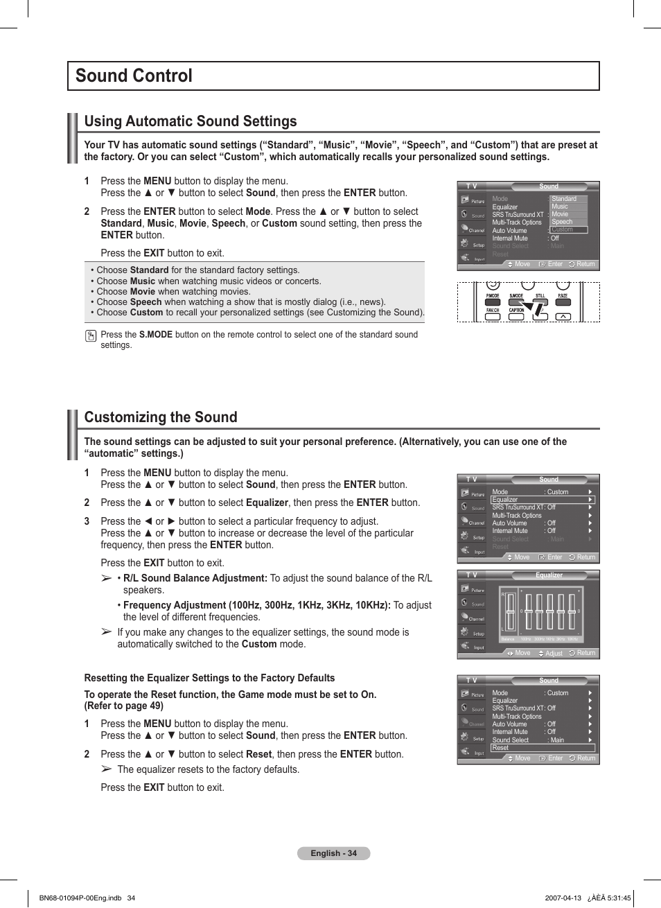 Sound control, Using automatic sound settings, Customizing the sound | Samsung FPT5084X-XAA User Manual | Page 34 / 83