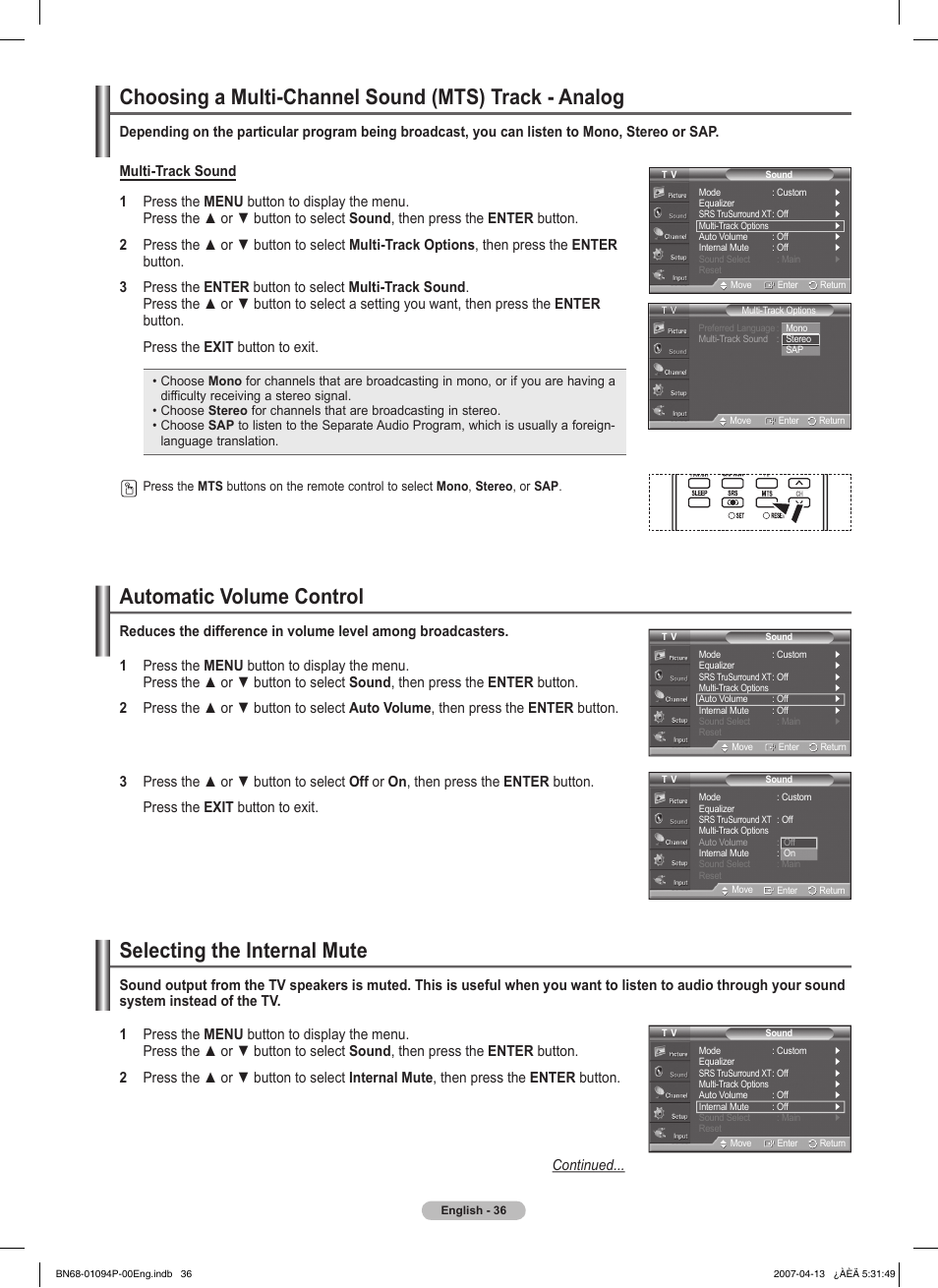 Automatic volume control, Selecting the internal mute | Samsung FPT5084X-XAA User Manual | Page 36 / 83