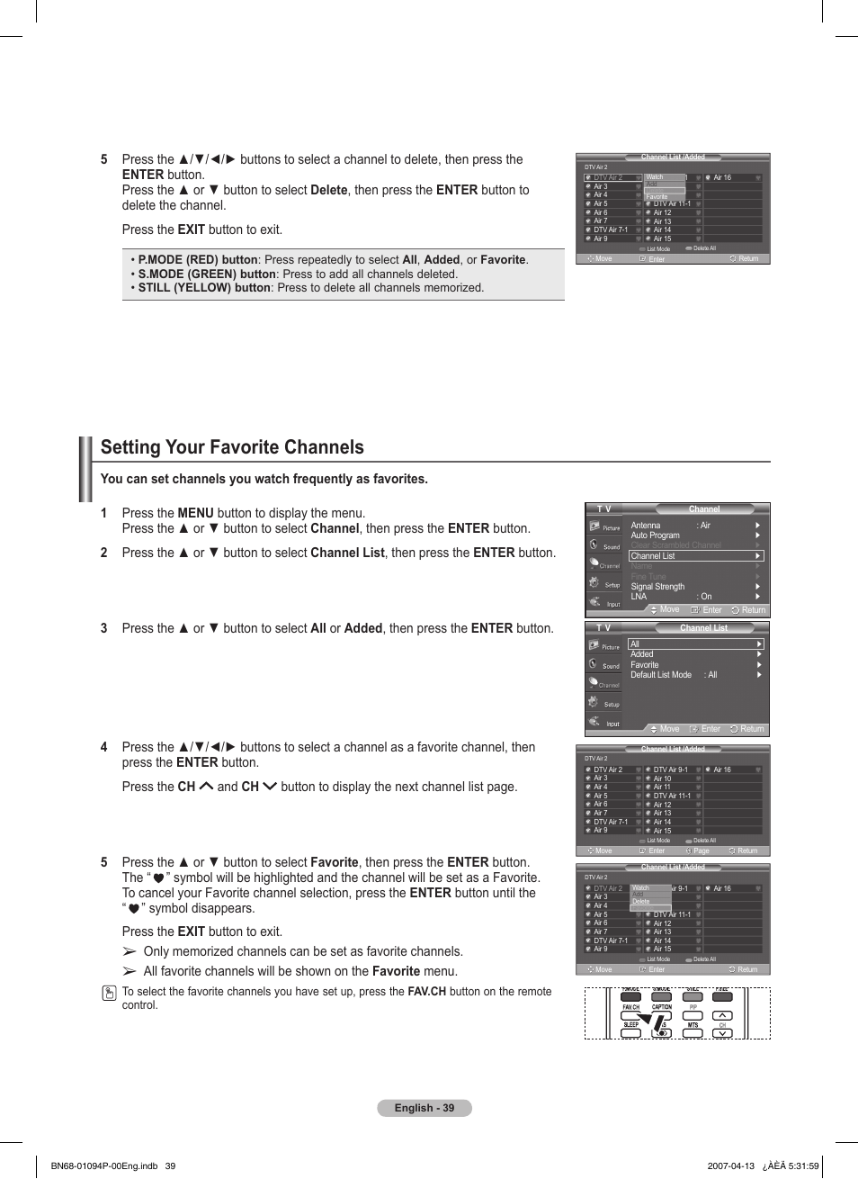 Setting your favorite channels | Samsung FPT5084X-XAA User Manual | Page 39 / 83