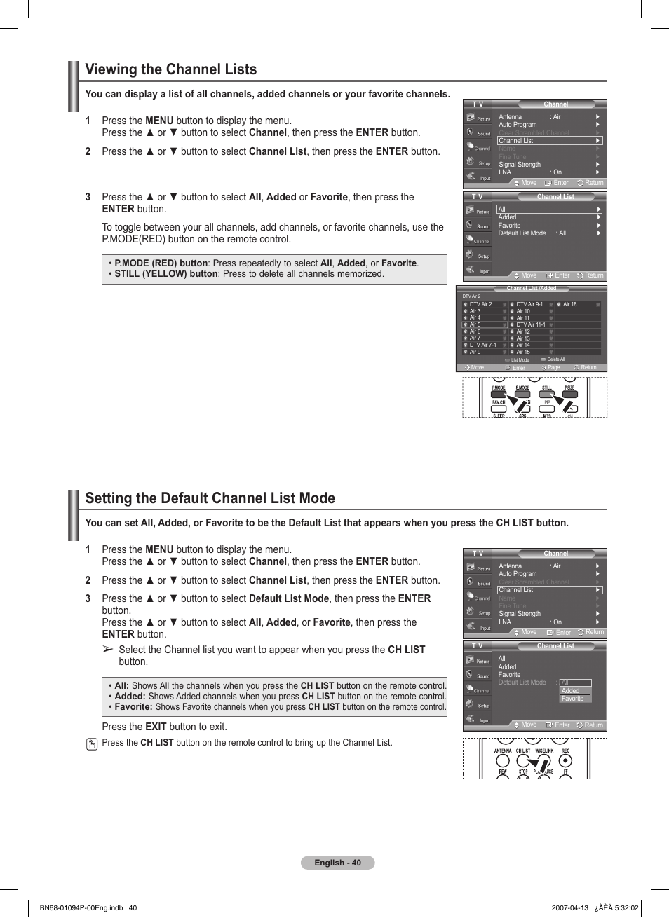 Viewing the channel lists, Setting the default channel list mode, Press the exit button to exit | Samsung FPT5084X-XAA User Manual | Page 40 / 83