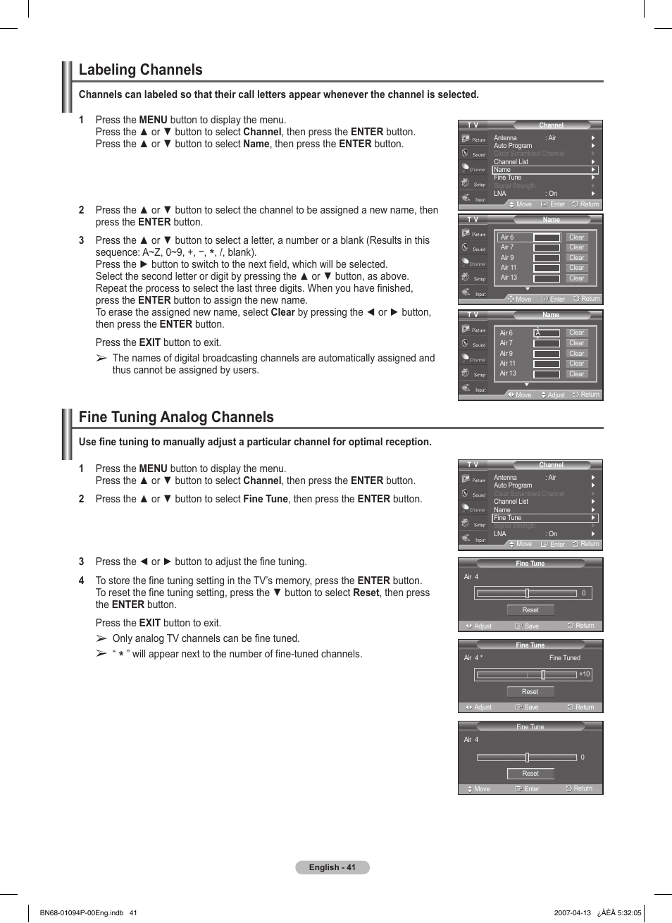 Labeling channels, Fine tuning analog channels | Samsung FPT5084X-XAA User Manual | Page 41 / 83
