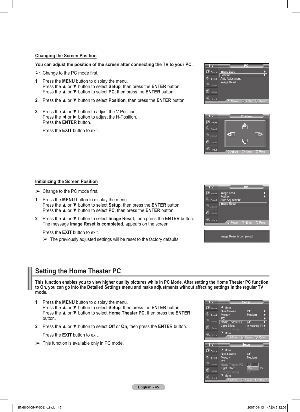 Setting the home theater pc | Samsung FPT5084X-XAA User Manual | Page 45 / 83