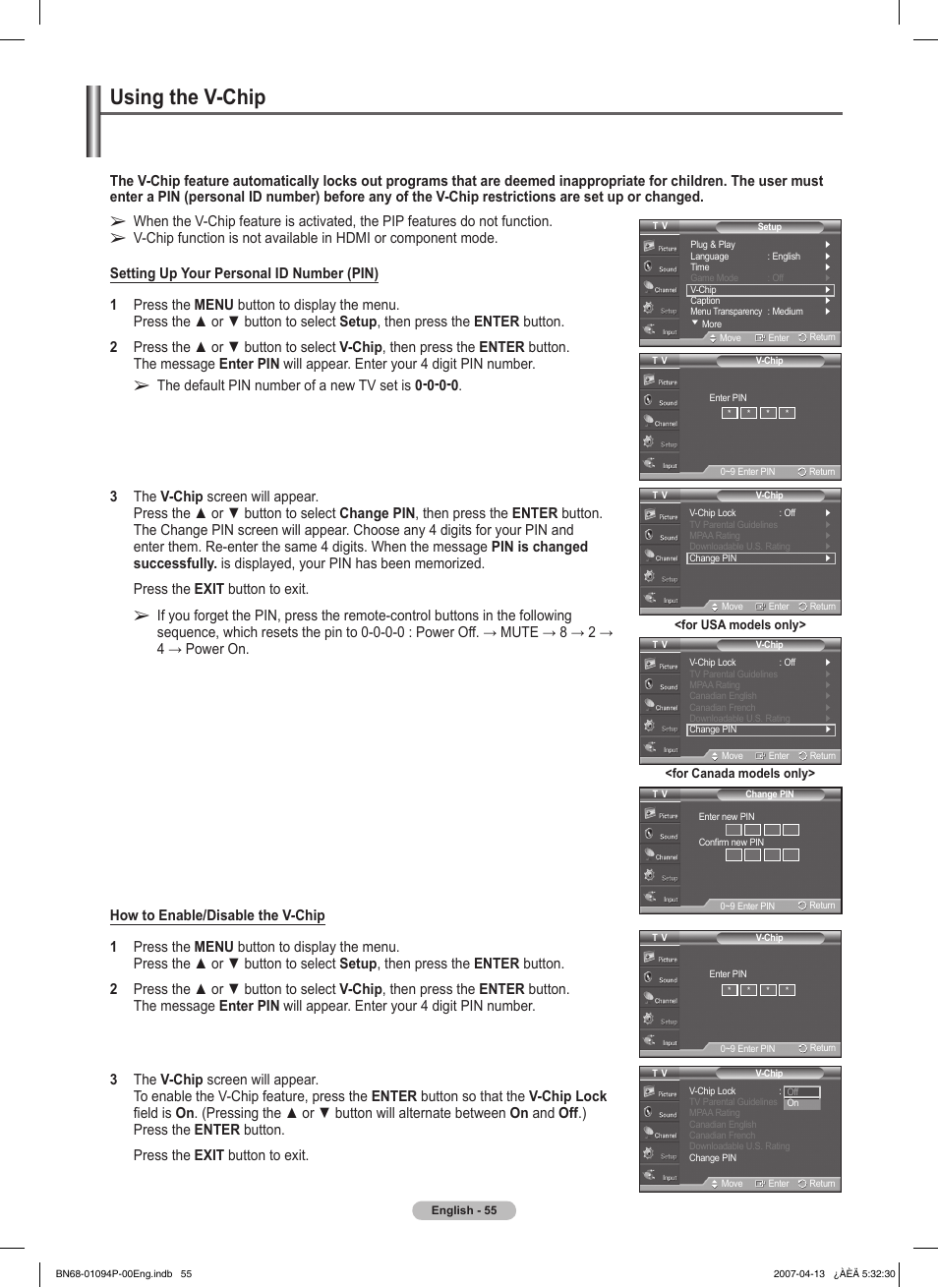 Using the v-chip | Samsung FPT5084X-XAA User Manual | Page 55 / 83