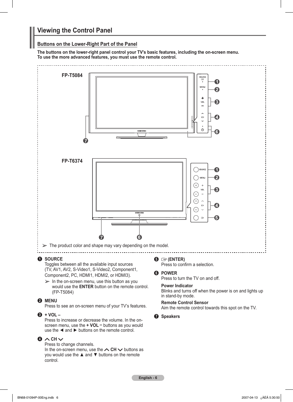 Viewing the control panel | Samsung FPT5084X-XAA User Manual | Page 6 / 83