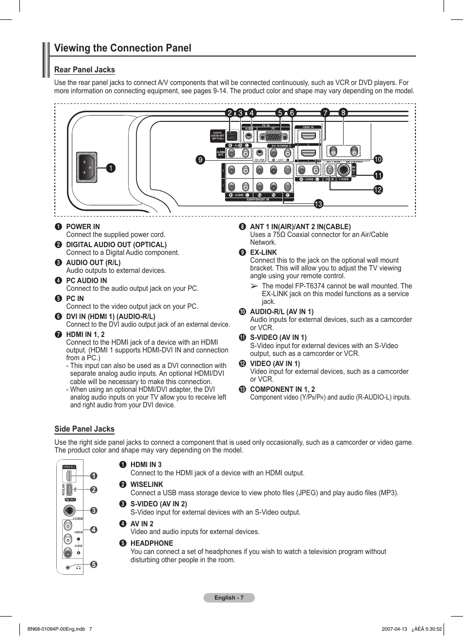 Viewing the connection panel | Samsung FPT5084X-XAA User Manual | Page 7 / 83