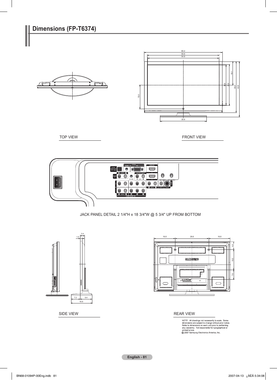 Dimensions (fp-t6374) | Samsung FPT5084X-XAA User Manual | Page 81 / 83