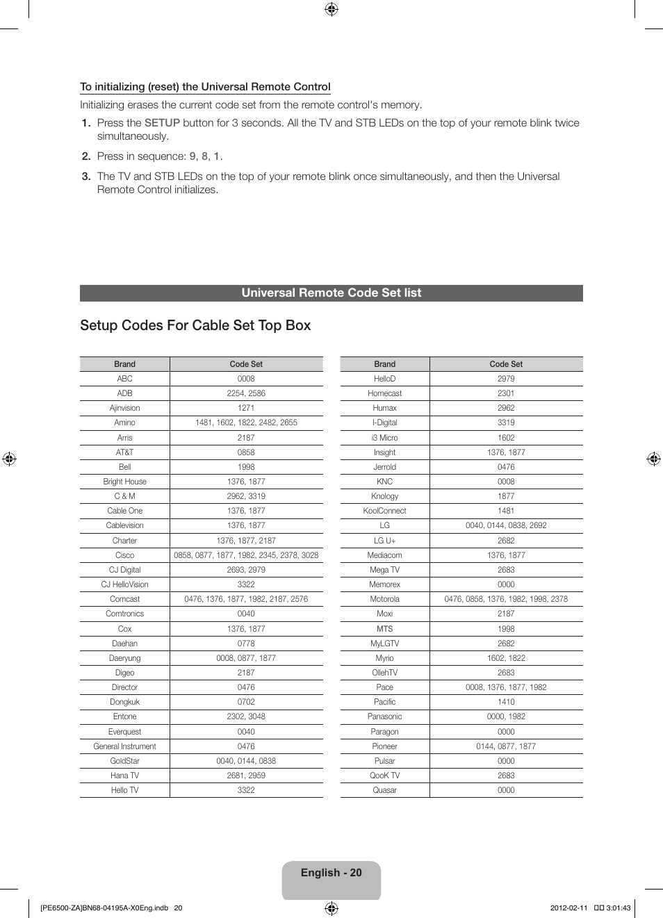 Setup codes for cable set top box, Universal remote code set list | Samsung PN60E6500EFXZA User Manual | Page 20 / 43