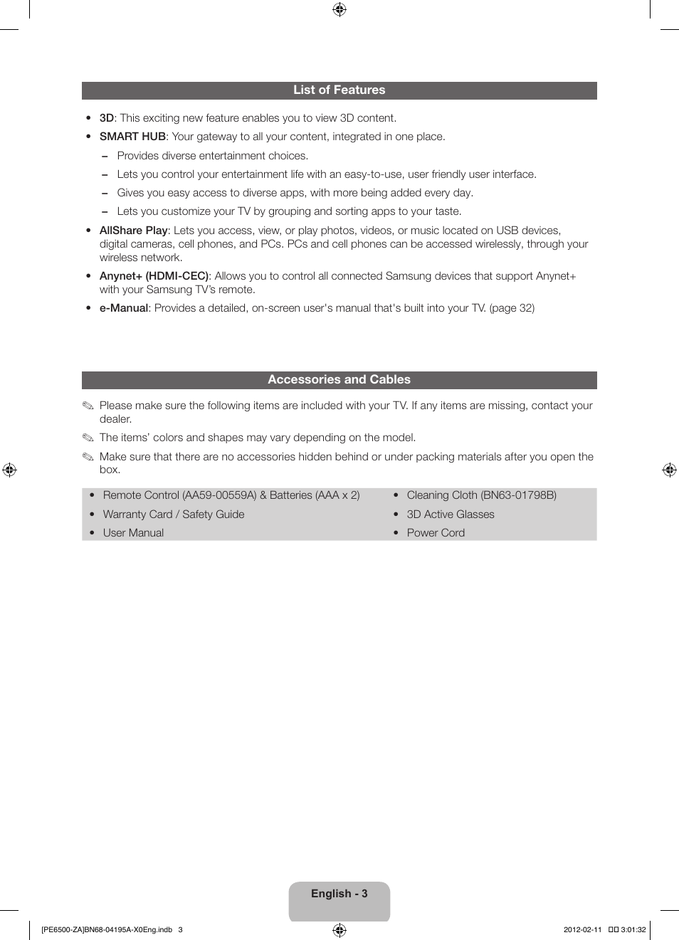Samsung PN60E6500EFXZA User Manual | Page 3 / 43