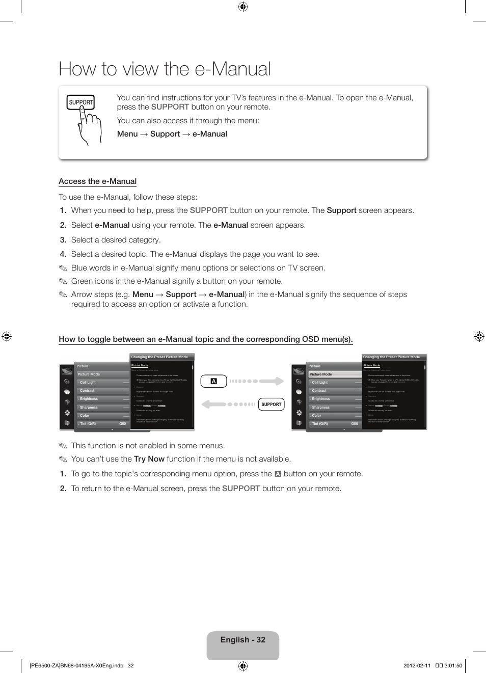 How to view the e-manual, English - 32, This function is not enabled in some menus | Support | Samsung PN60E6500EFXZA User Manual | Page 32 / 43