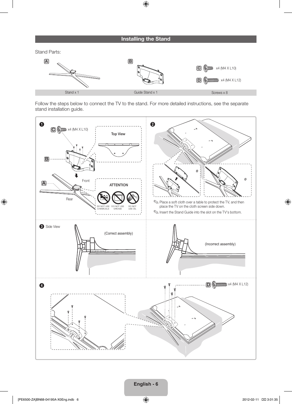 Installing the stand | Samsung PN60E6500EFXZA User Manual | Page 6 / 43