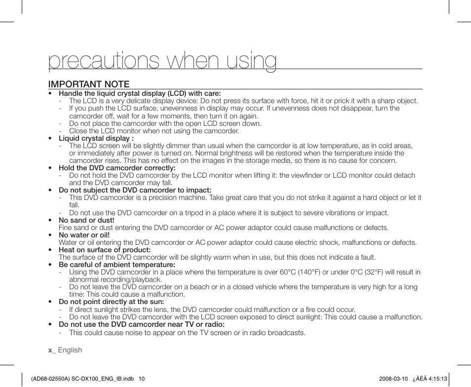 Important note, Precautions when using | Samsung SC-DX103-XAP User Manual | Page 10 / 124