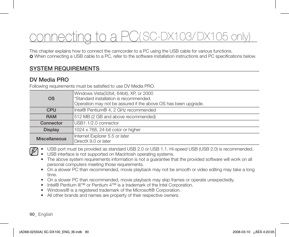 Connecting to a pc( sc-dx103/ dx105 only), System requirements, Connecting to a pc | Samsung SC-DX103-XAP User Manual | Page 100 / 124