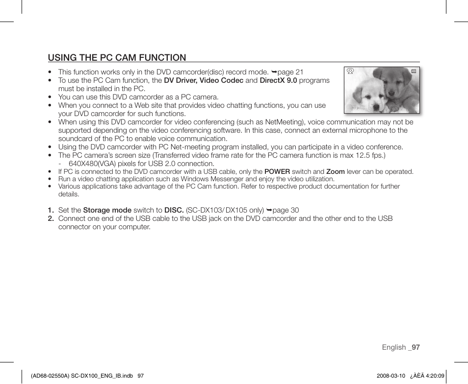 Using the pc cam function | Samsung SC-DX103-XAP User Manual | Page 107 / 124