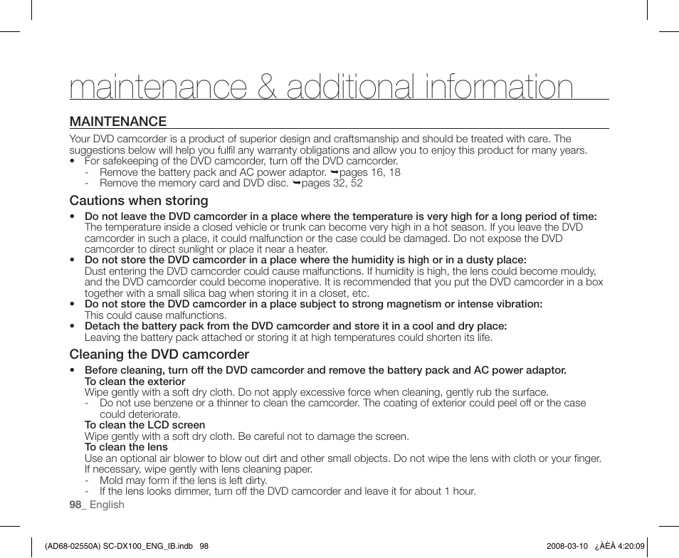 Maintenance & additional information, Maintenance | Samsung SC-DX103-XAP User Manual | Page 108 / 124