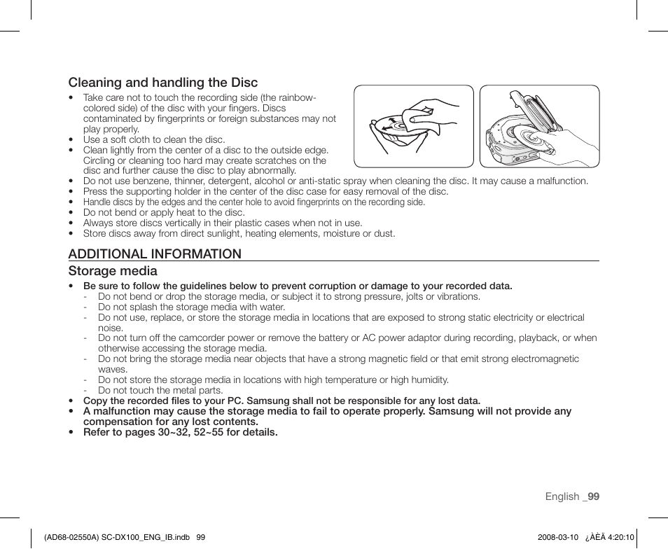 Additional information, Cleaning and handling the disc, Additional information storage media | Samsung SC-DX103-XAP User Manual | Page 109 / 124