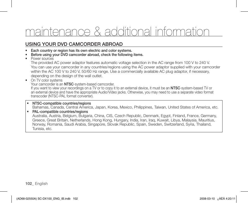 Using your dvd camcorder abroad, Maintenance & additional information | Samsung SC-DX103-XAP User Manual | Page 112 / 124