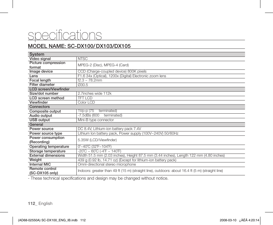 Specifications, Model name: sc-dx100/ dx103/dx105 | Samsung SC-DX103-XAP User Manual | Page 122 / 124