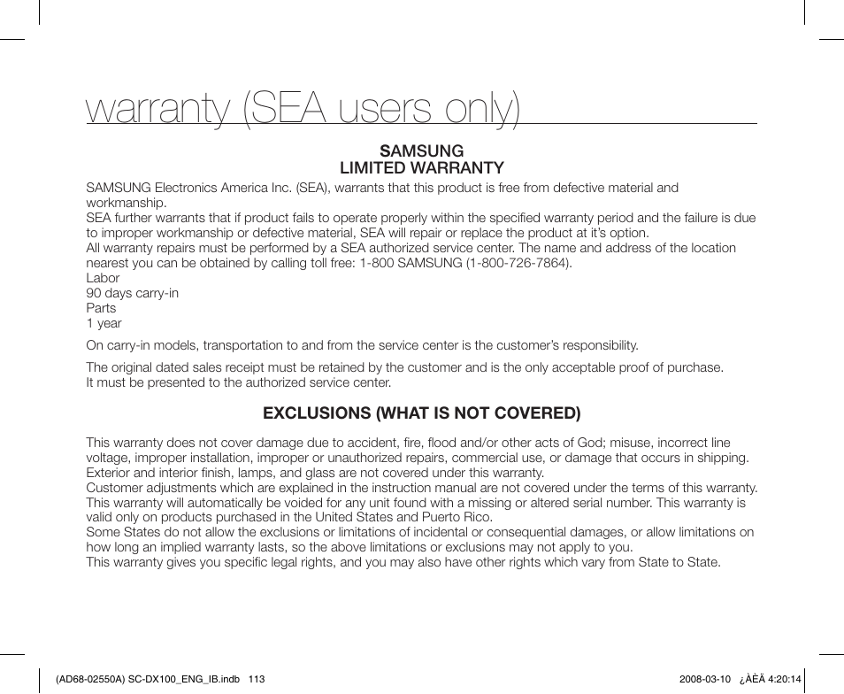 Warranty (sea users only) | Samsung SC-DX103-XAP User Manual | Page 123 / 124