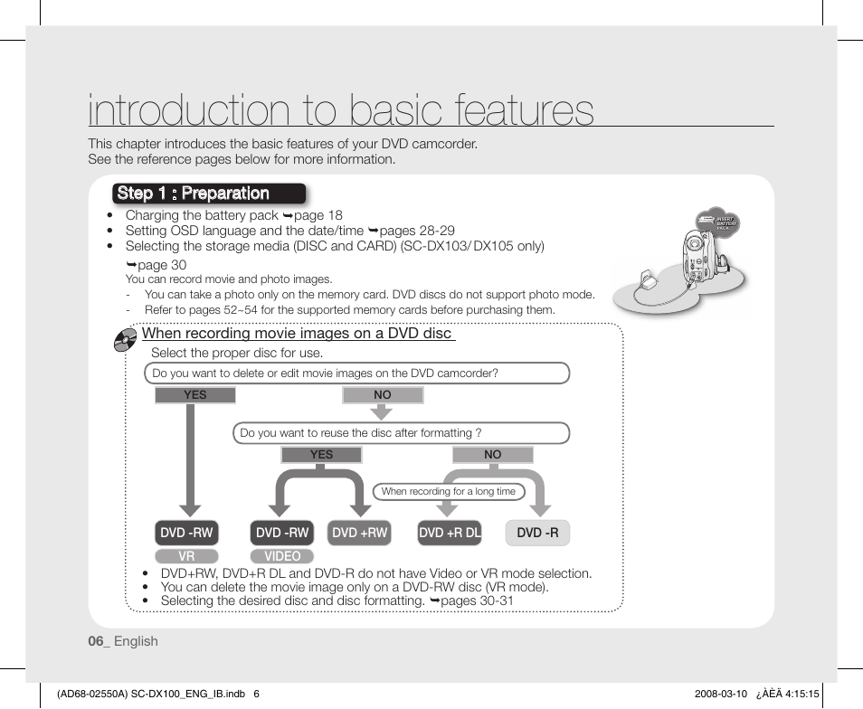 Introduction to basic features, Step 1 : preparation | Samsung SC-DX103-XAP User Manual | Page 16 / 124