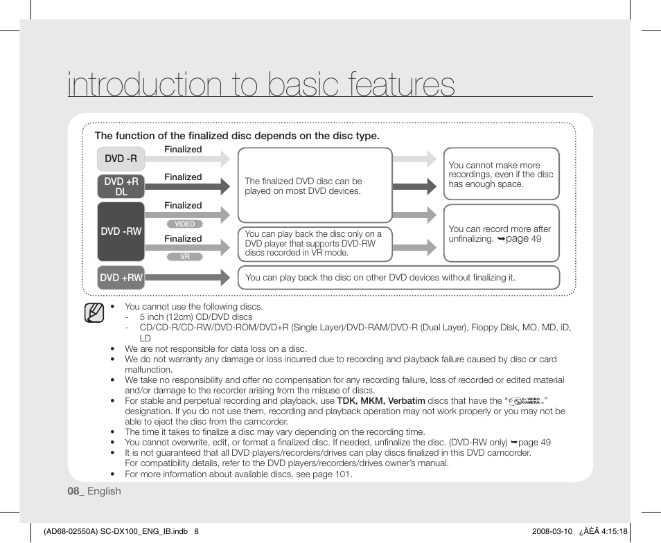 Introduction to basic features | Samsung SC-DX103-XAP User Manual | Page 18 / 124