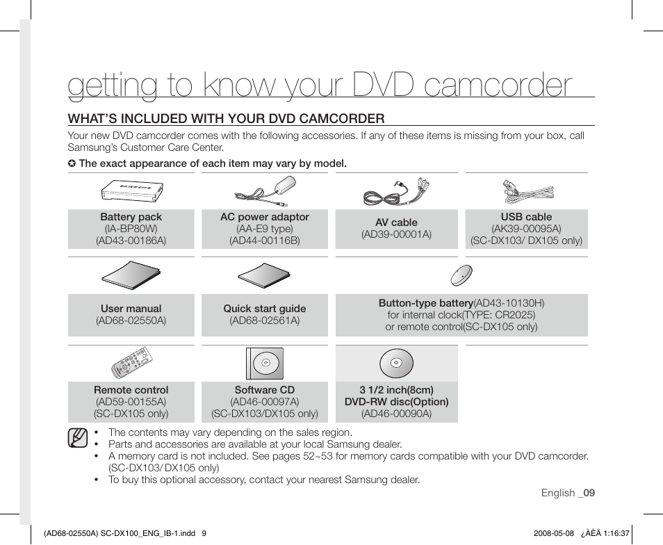 Getting to know your dvd camcorder, What’s included with your dvd camcorder | Samsung SC-DX103-XAP User Manual | Page 19 / 124