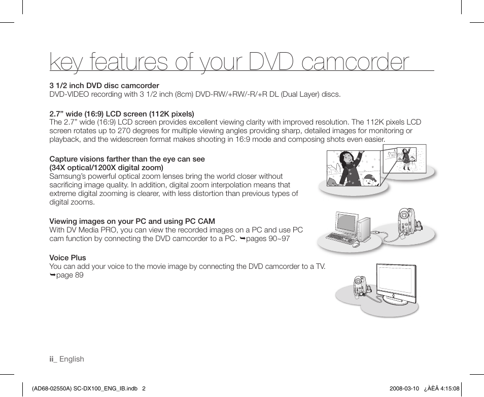 Key features of your dvd camcorder | Samsung SC-DX103-XAP User Manual | Page 2 / 124